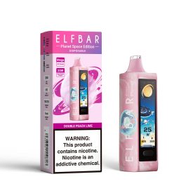 ELF BAR PLANET 25000 jednorazová e-cigareta s príchuťou dvojitej broskyne a limetky a 5% nikotínu, nabíjateľná.