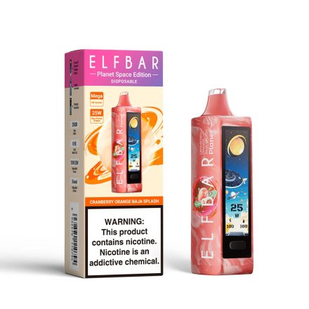 ELF BAR PLANET 25000 jednorazová e-cigareta s príchuťou brusnice, pomaranča a Baja Splash a 5% nikotínu, nabíjateľná.
